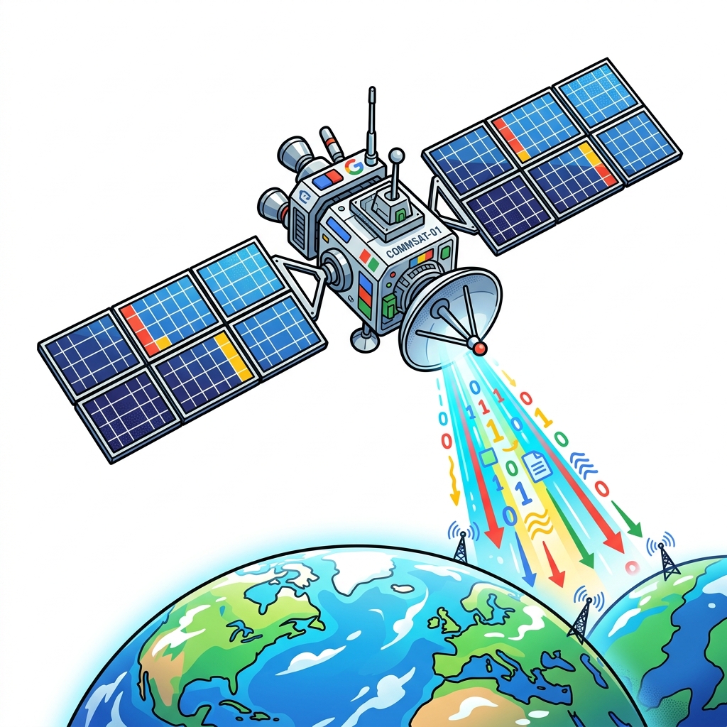 DevFest Indore Satellite Space Mission Illustration beaming data to Earth
